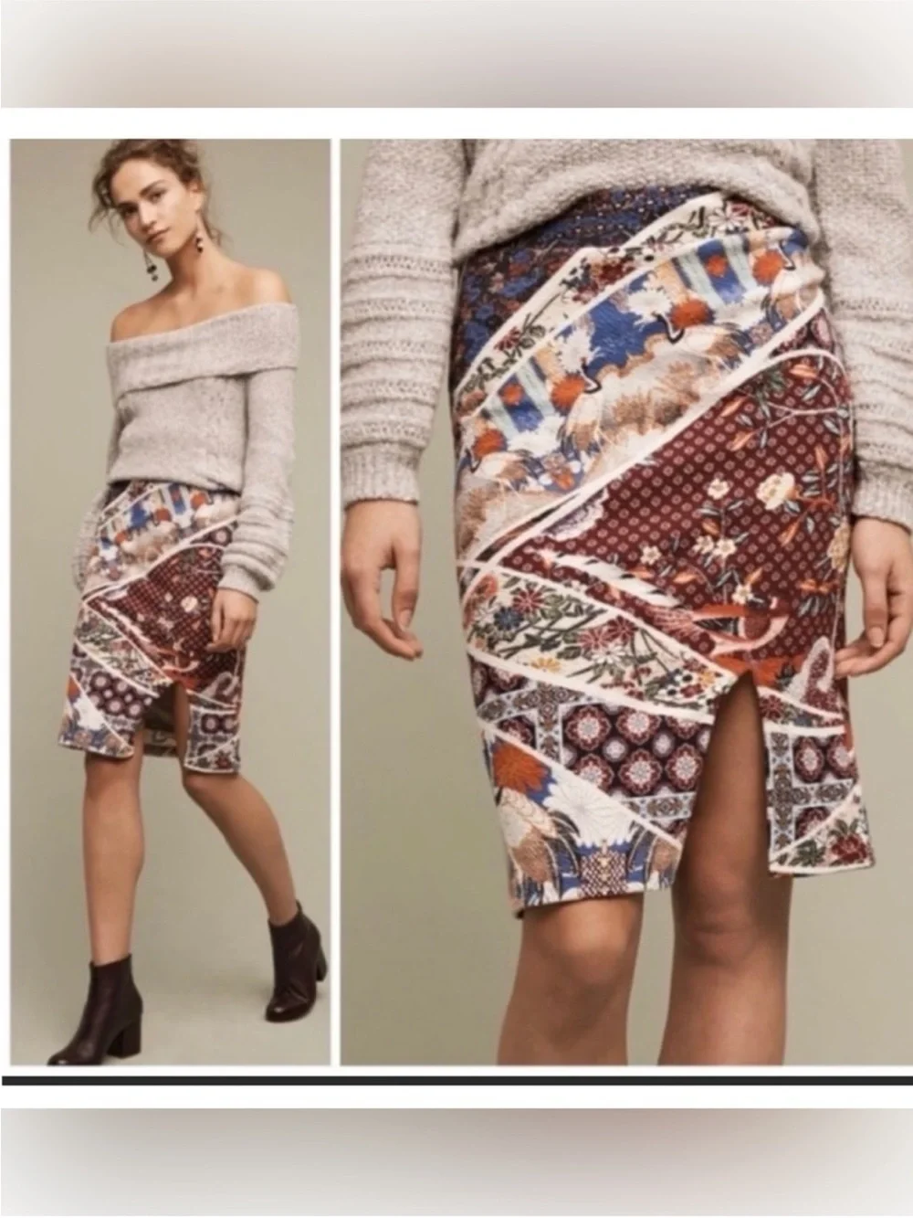 Anthropologie Multi-Color Crane Bird Patterned Midi Skirt